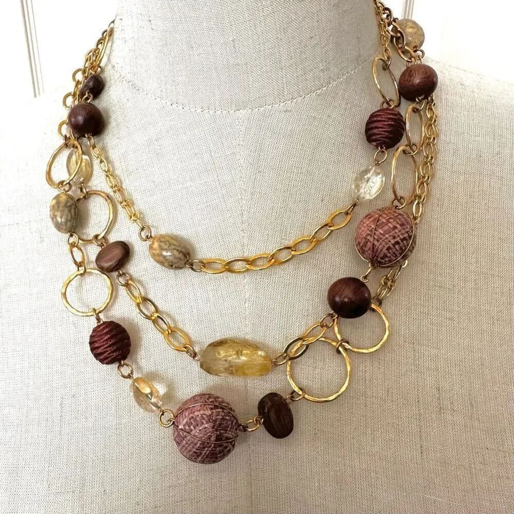 White House black market gold tone brown beaded multi strand necklace